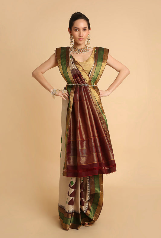 CREAM KANJIVARAM BLOCK PRINT SIGNATURE SAREE