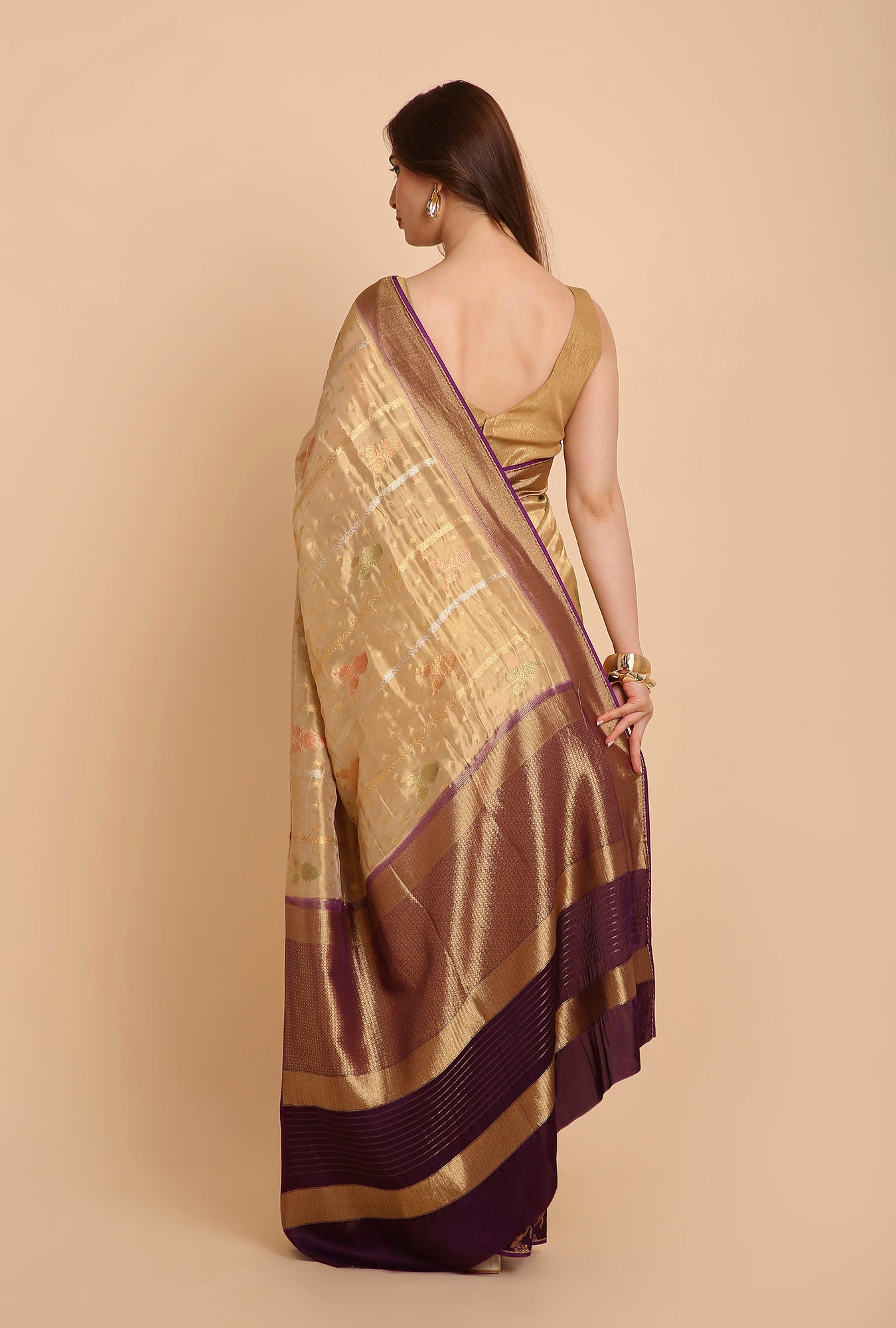 GOLDEN WITH PURPLE BORDER FANCY TISSU SAREE