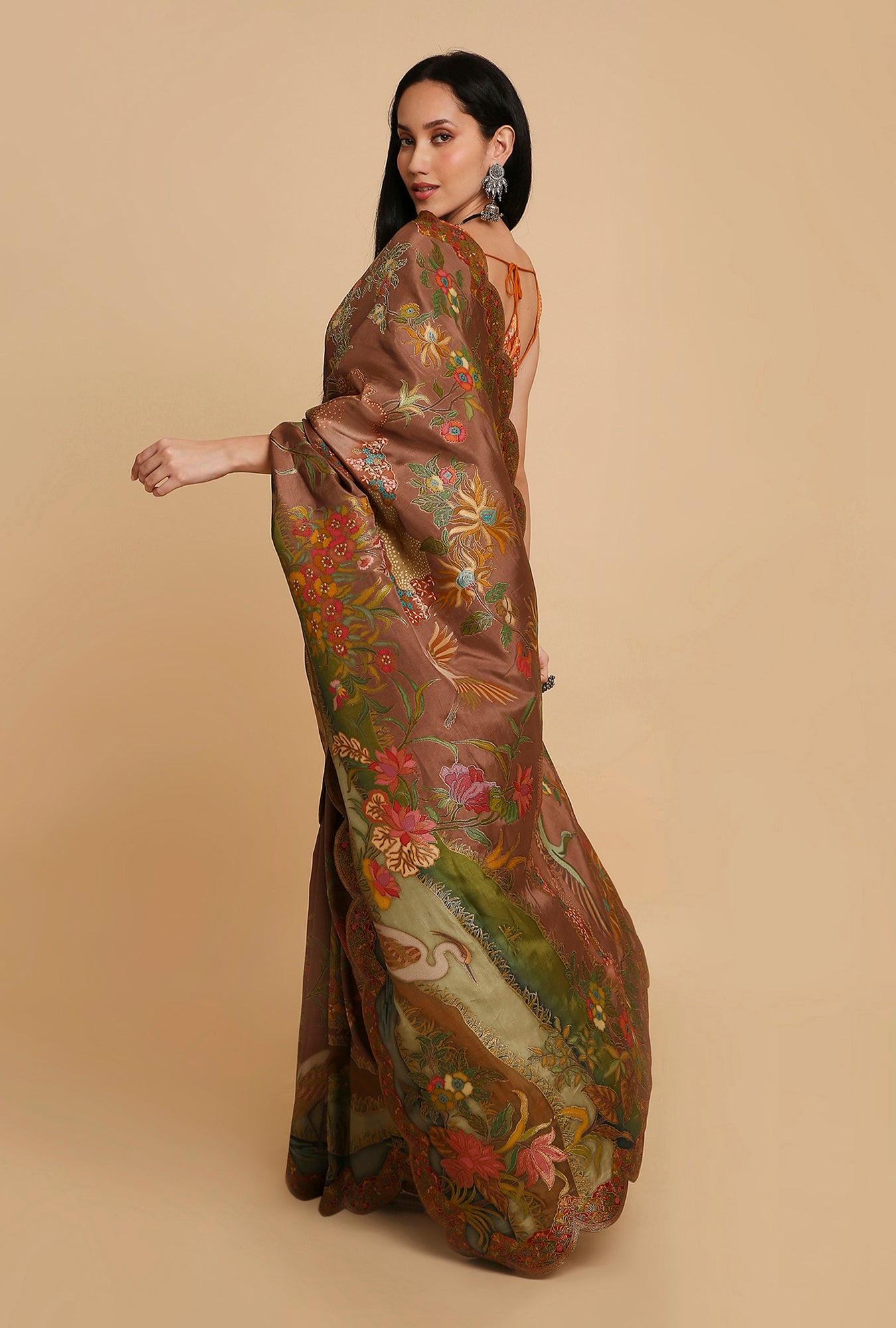 DARK BROWN POSITION PRINT MOONGA SILK SAREE