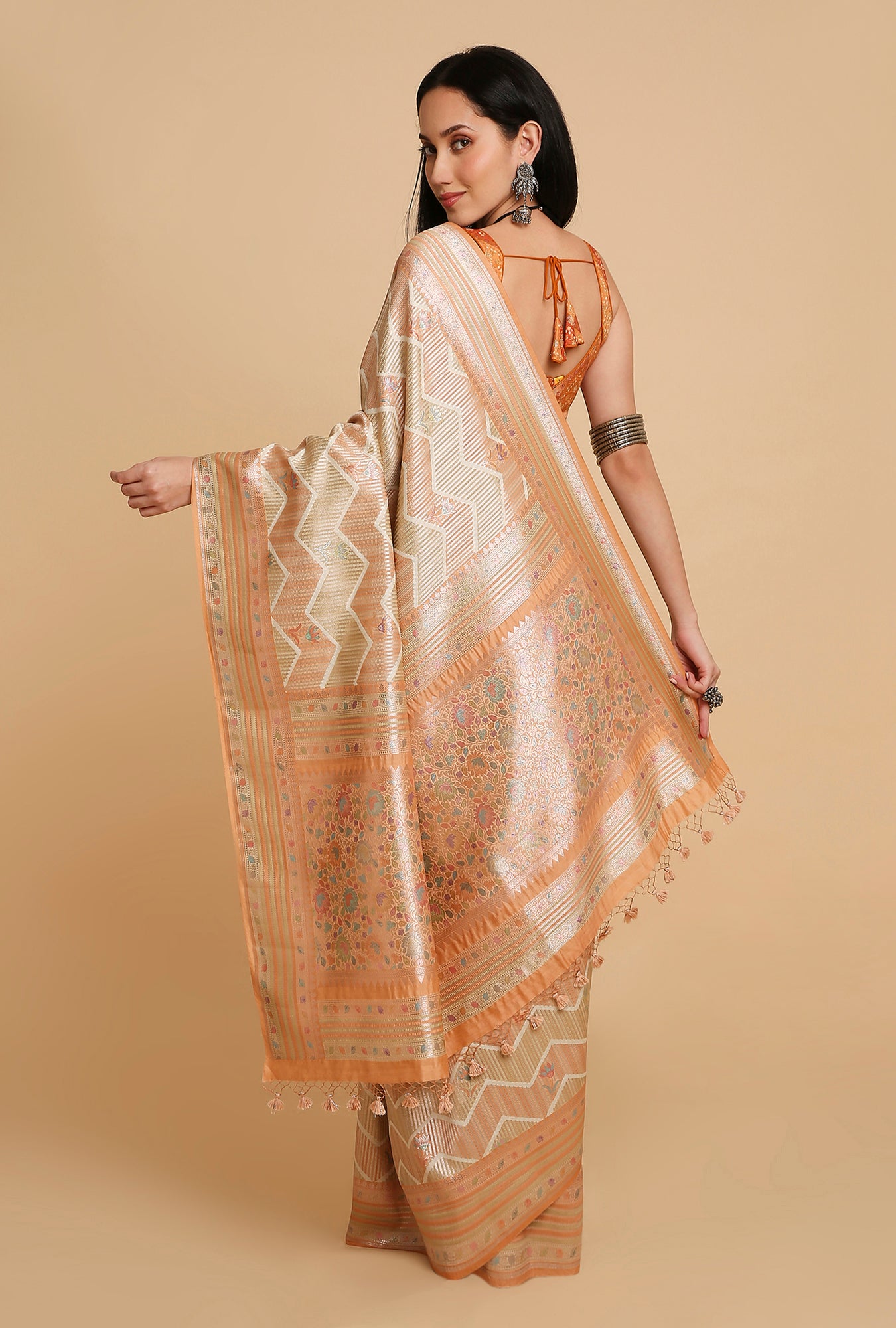 LIGHT ORANGE AND GREEN WOVEN POSITION PRINT SAREE