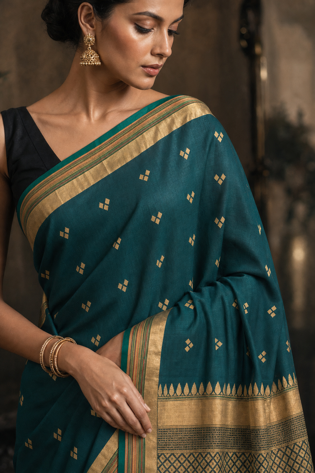 Teal Blue Gold Butti South Silk Saree - Closeup View