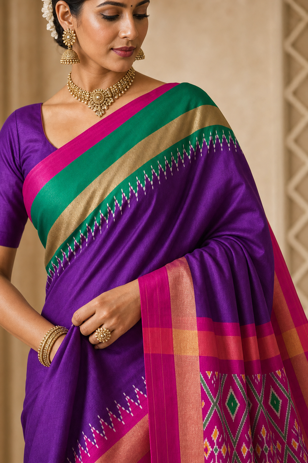 Emerald Violet Ikat Patola Saree - Closeup View