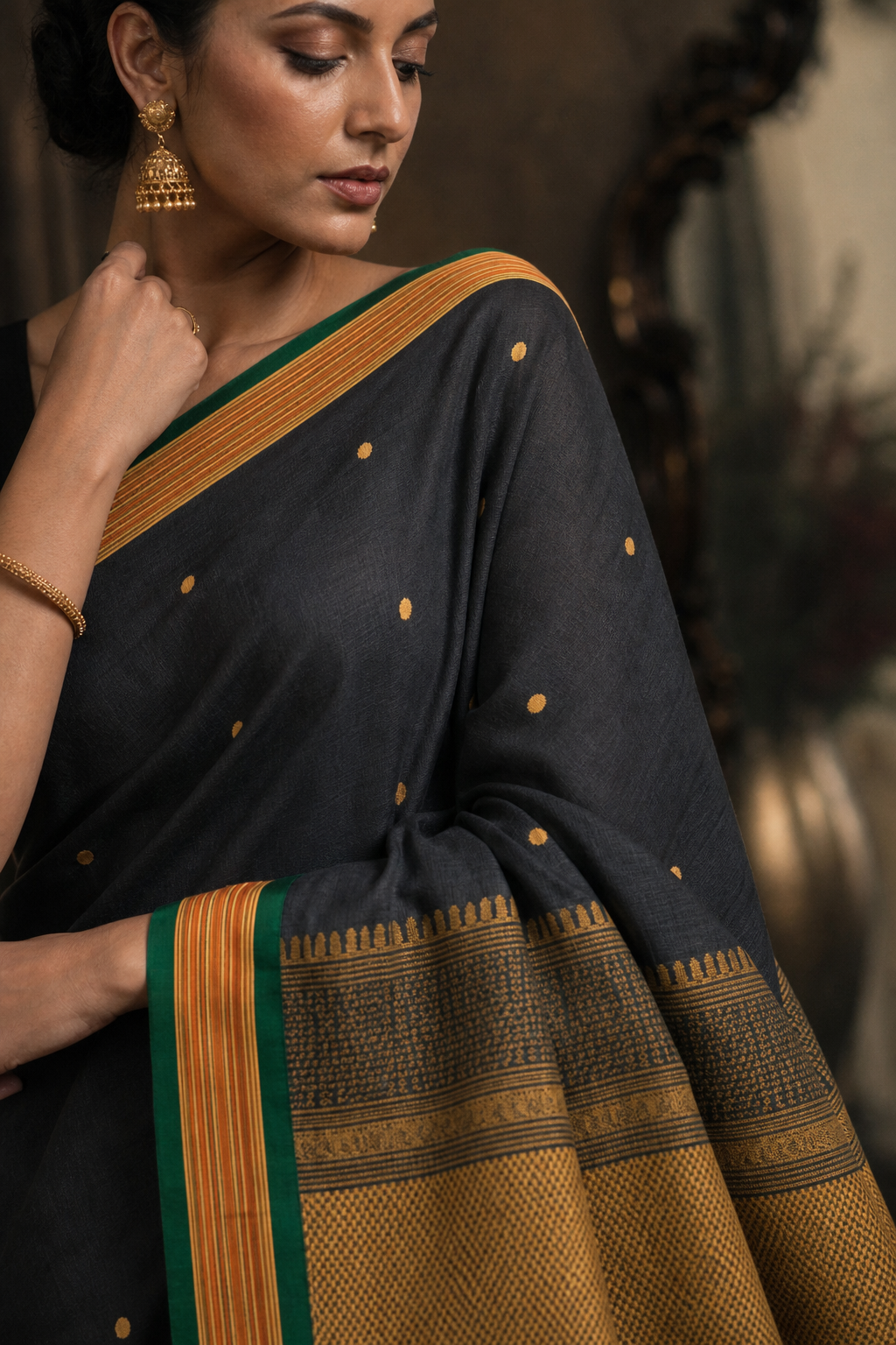 Elegant Black Butti South Silk Saree - Closeup View