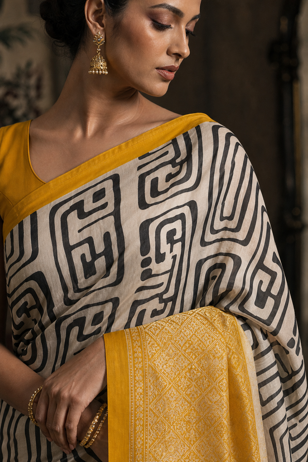 Geometric Ivory Muga Silk - Closeup View