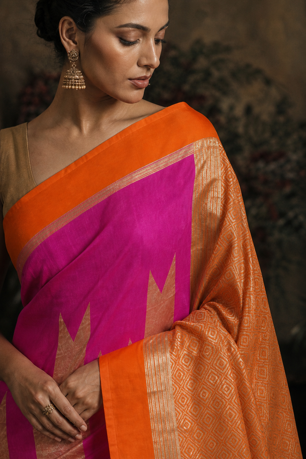 Rani Pink Muga Silk - Closeup View
