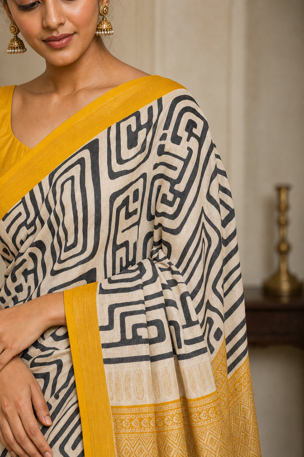 Geometric Ivory Muga Silk - Closeup View