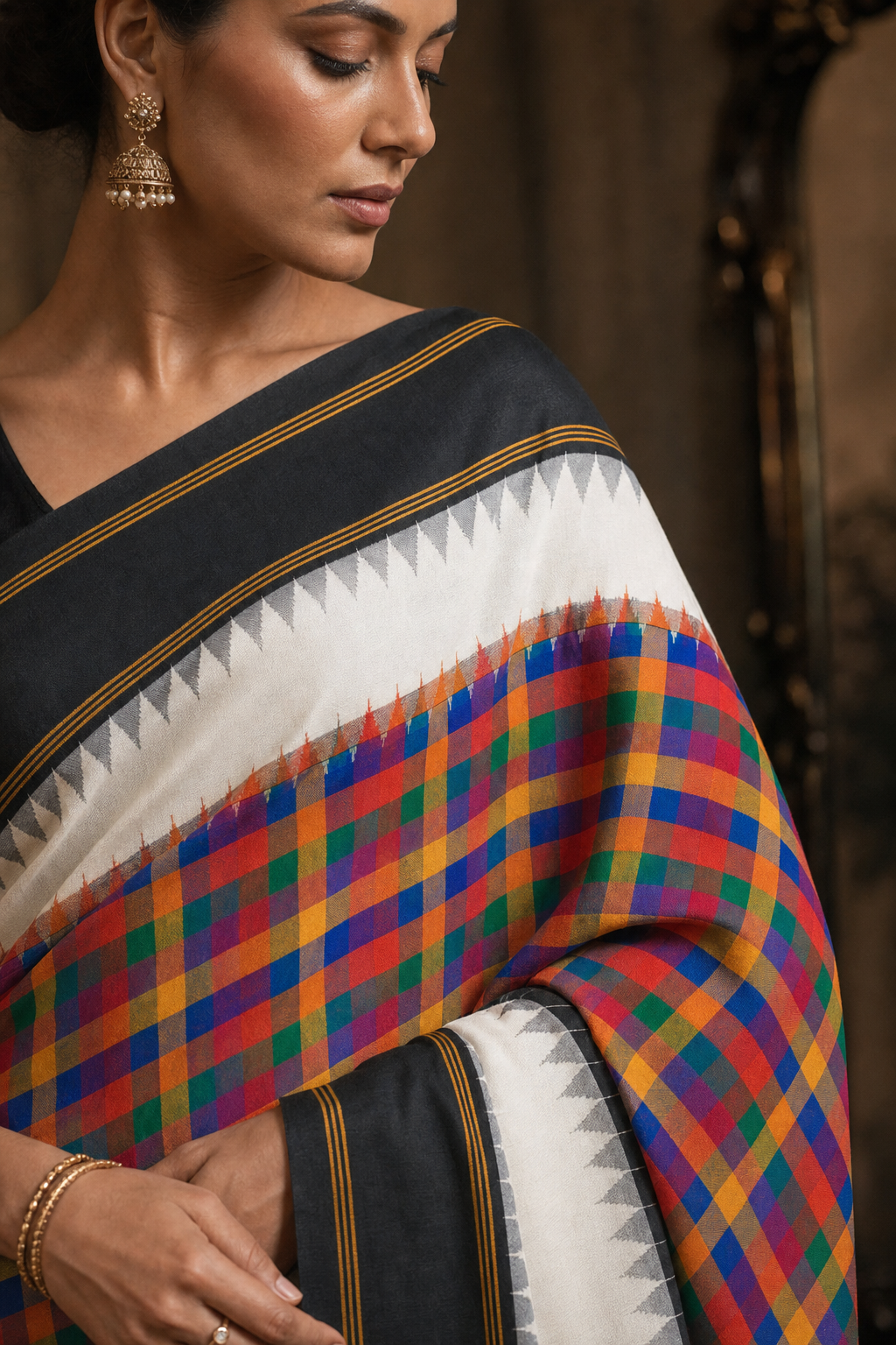 Classic Black Border Multicolor Checks South Silk Saree - Closeup View