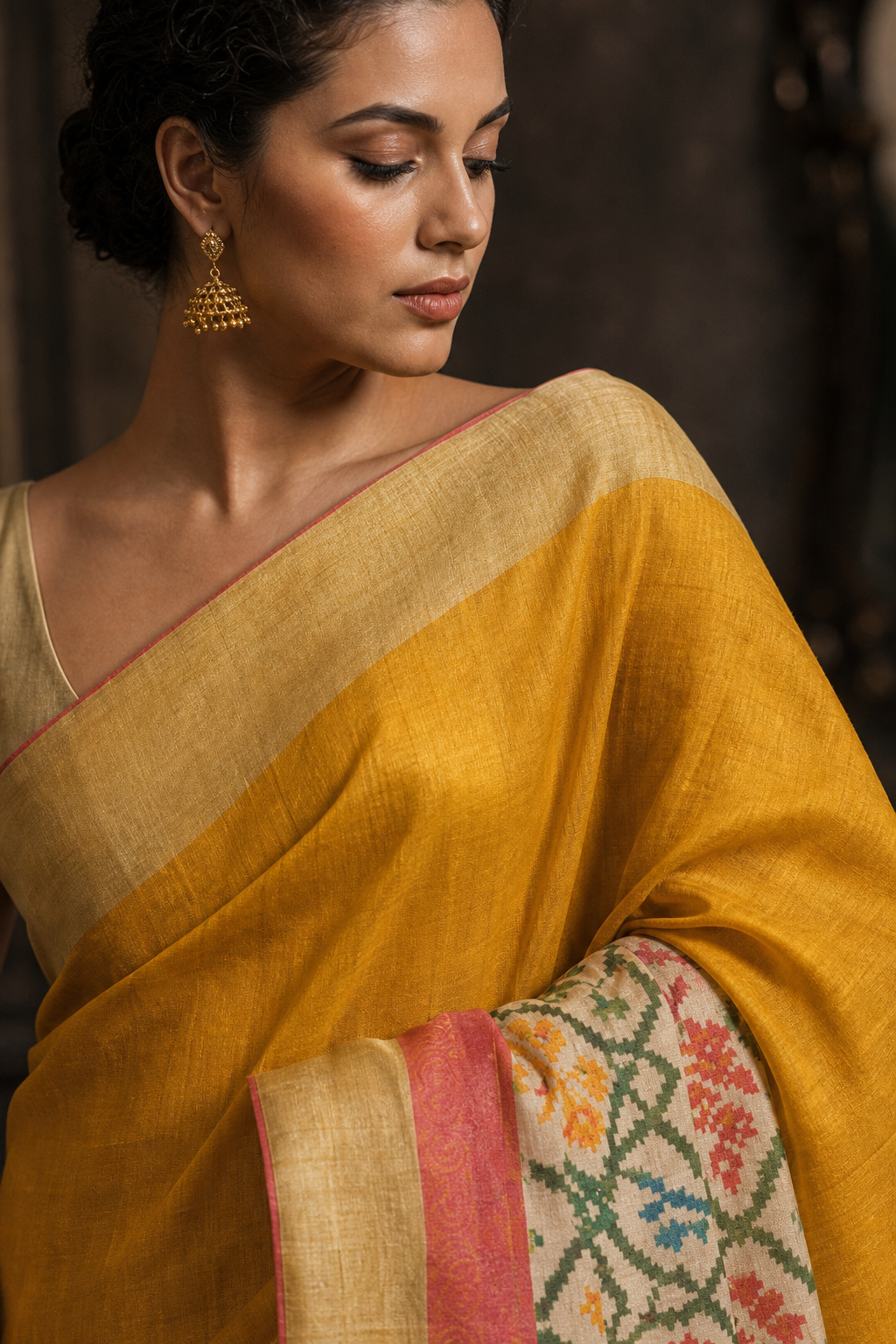 Mustard Pochampally Ikat Silk Saree - Closeup View
