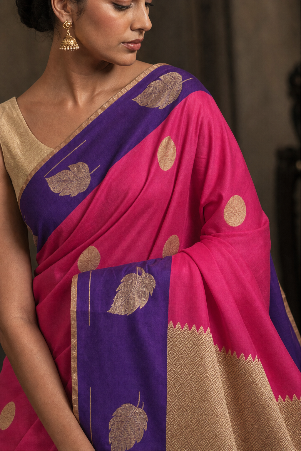 PINK PURPLE WITH DESIGNER POLKA DOT MUGA SILK SAREE - Closeup View