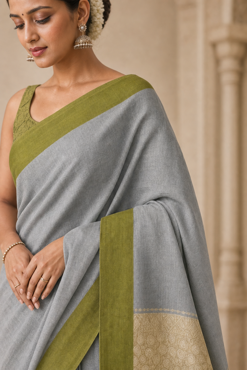 Grey Silver Toned Olive Green Border Muga Silk - Closeup View