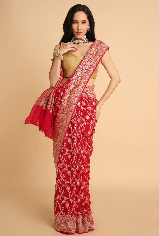 HOT PINK JAAL BANARASI GEORGETTE SAREE