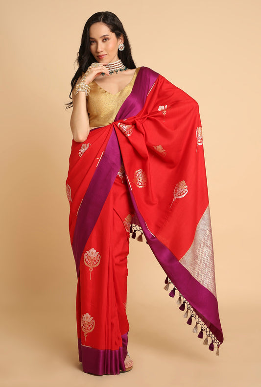 ORANGE PINK BANARASI MOOGA SILK SAREE