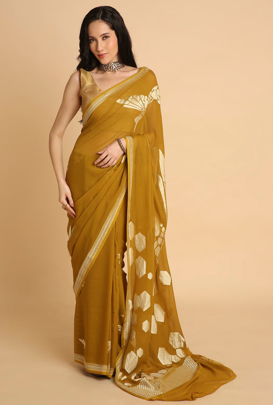 MUSTARD GREEN BANARASI GEORGETTE SAREE