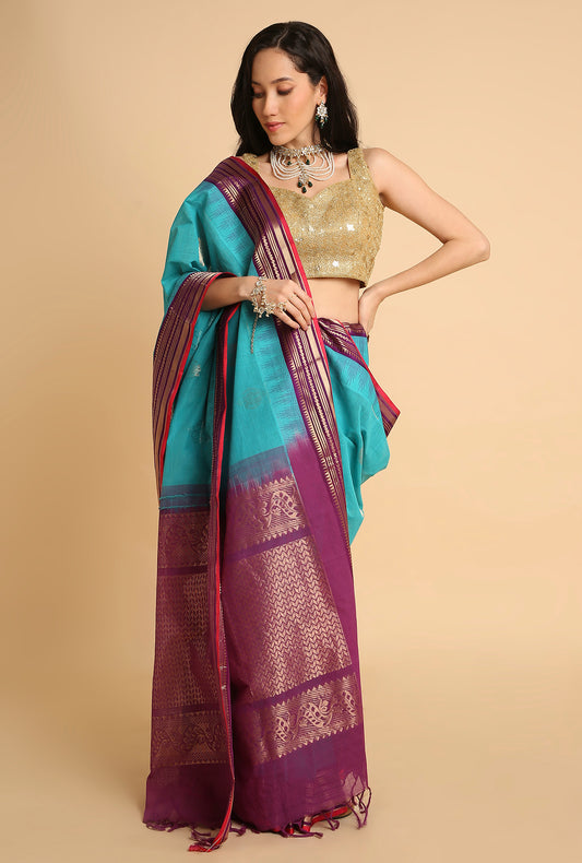 TEAL BLUE SOUTH MAHESHWARI SILK SAREE