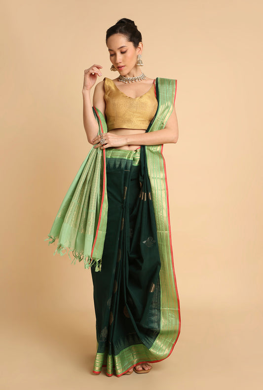 EMRALD DARK GREEN SOUTH MAHESHWARI SILK SAREE