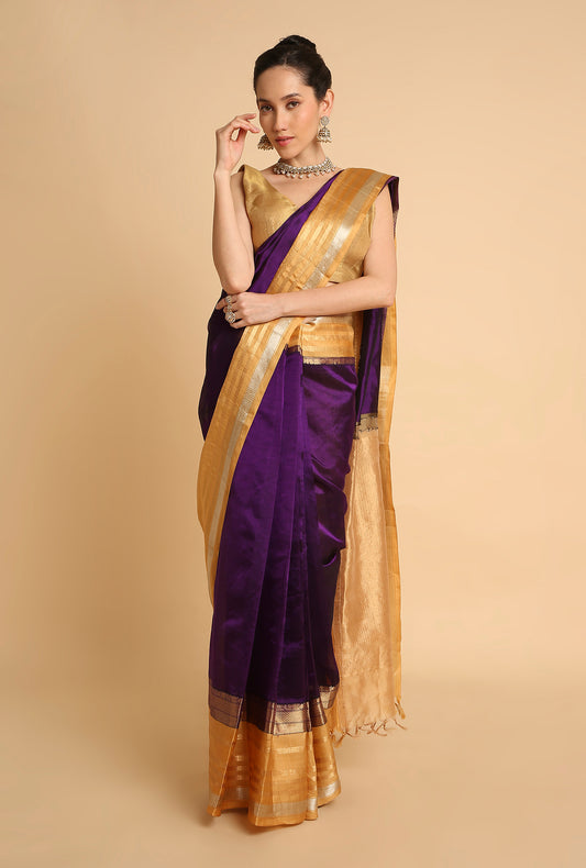 PURPLE WITH CHIKU BORDER SOUTH MAHESHWARI SILK SAREE