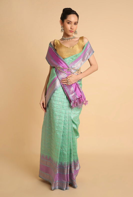 PASTEL GREEN WITH  PURPLE BORDER SOUTH MAHESHWARI SILK SAREE