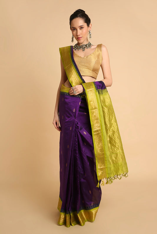 PURPLE WITH GREEN BORDER SOUTH MAHESHWARI SILK SAREE