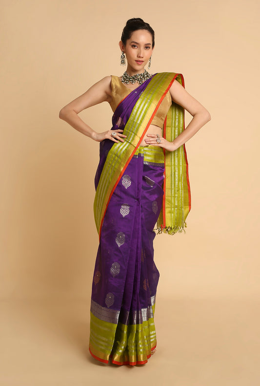 DARK PURPLE WITH GREEN BORDER SOUTH MAHESHWARI SILK SAREE