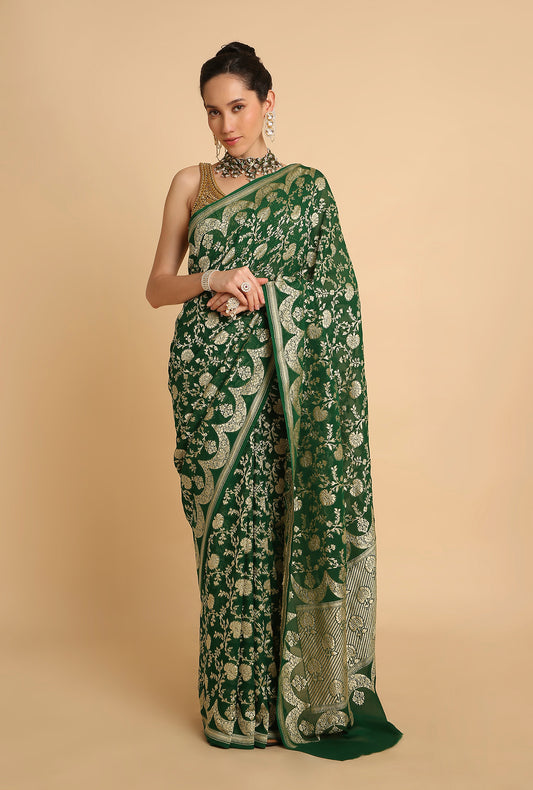 DARK GREEN JAAL BANARASI GEORGETTE SAREE