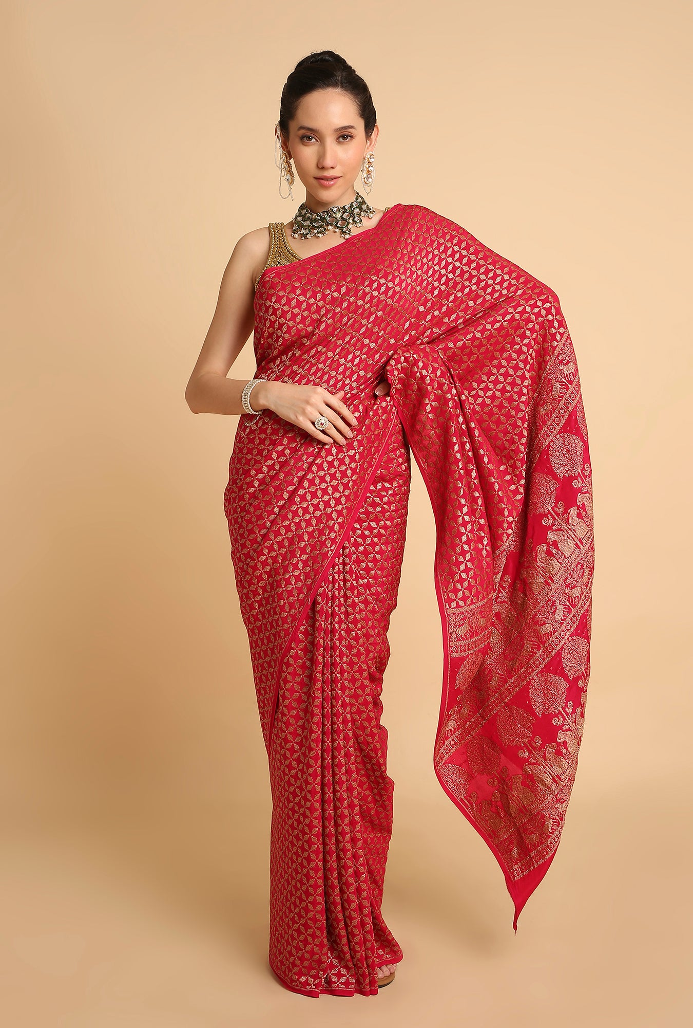 HOT PINK BANARASI GEORGETTE SAREE