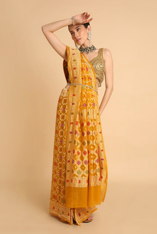 YELLOW MEENAKARI BANARASI GEORGETTE SAREE