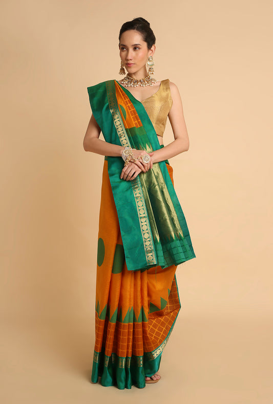 MUSTARD KANJIVARAM BLOCK PRINT SIGNATURE SAREE