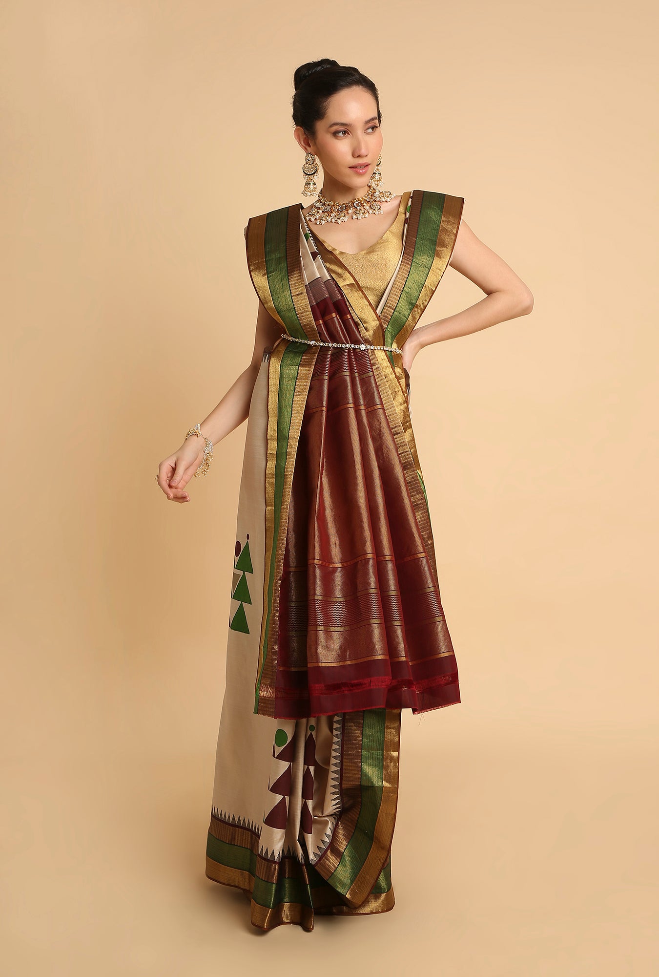 CREAM KANJIVARAM BLOCK PRINT SIGNATURE SAREE