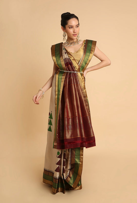 CREAM KANJIVARAM BLOCK PRINT SIGNATURE SAREE