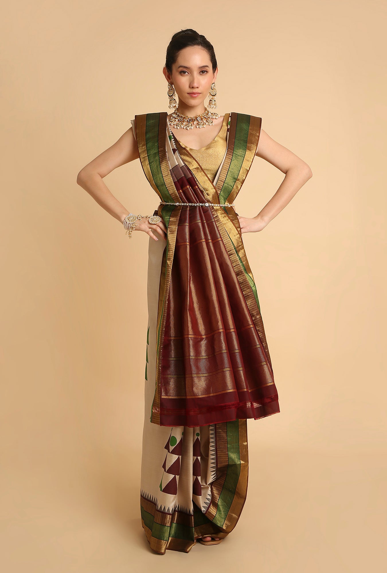 CREAM KANJIVARAM BLOCK PRINT SIGNATURE SAREE