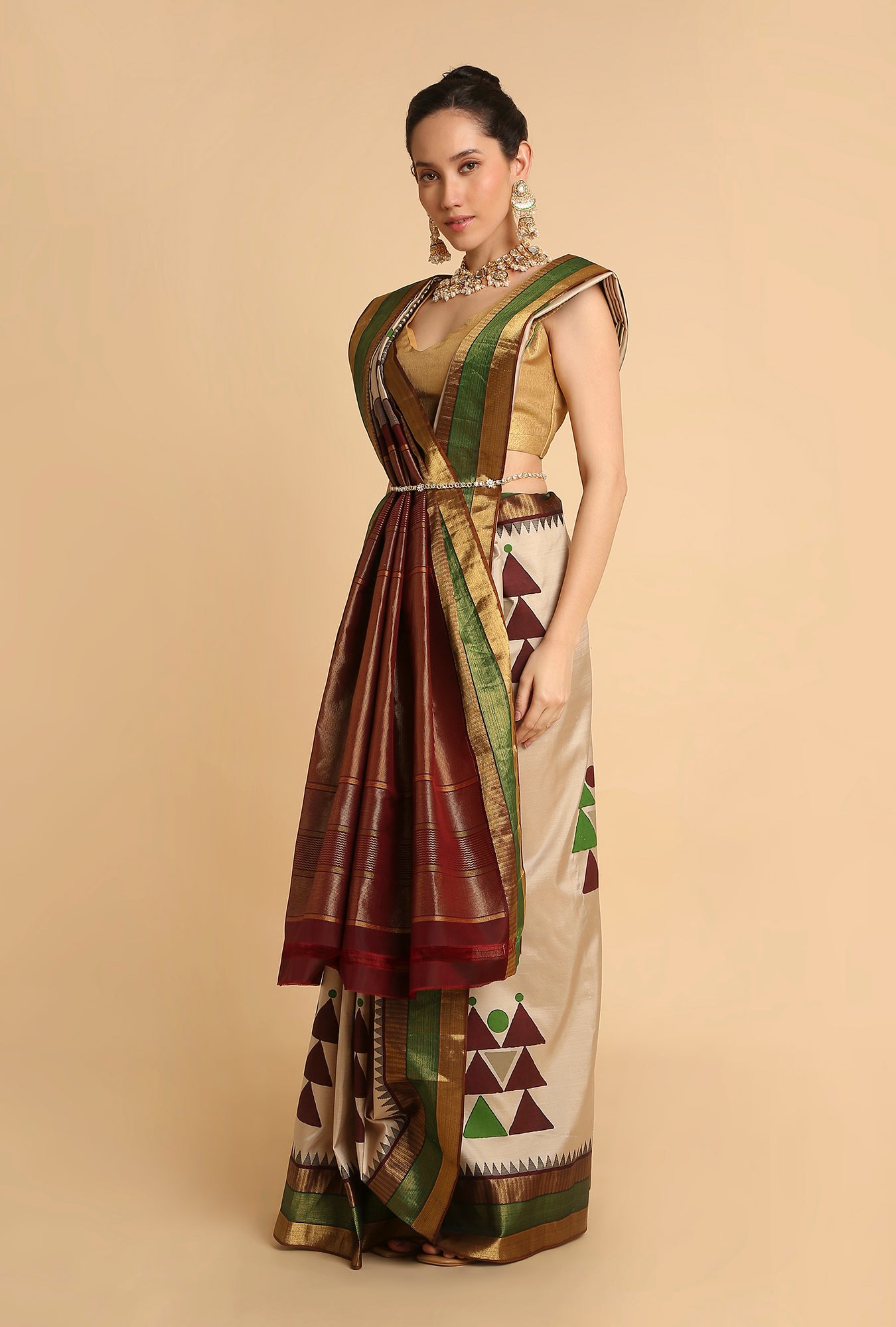 CREAM KANJIVARAM BLOCK PRINT SIGNATURE SAREE