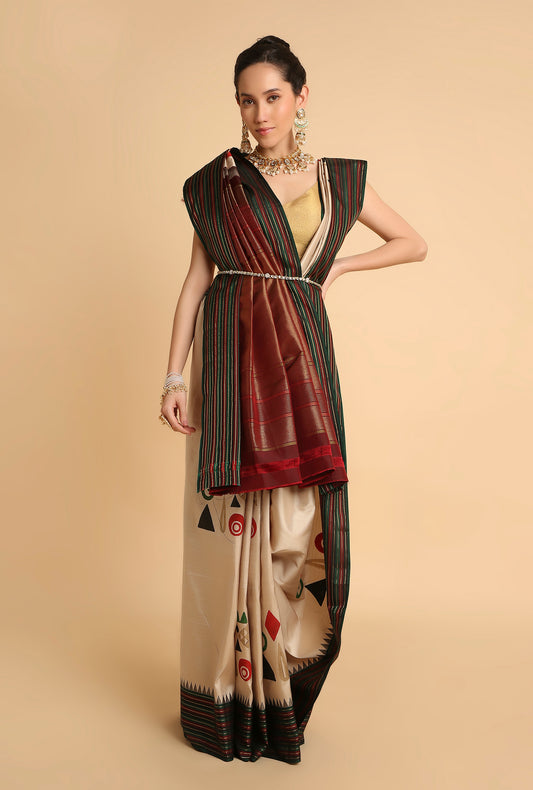 OFF WHITE KANJIVARAM BLOCK PRINT SIGNATURE SAREE