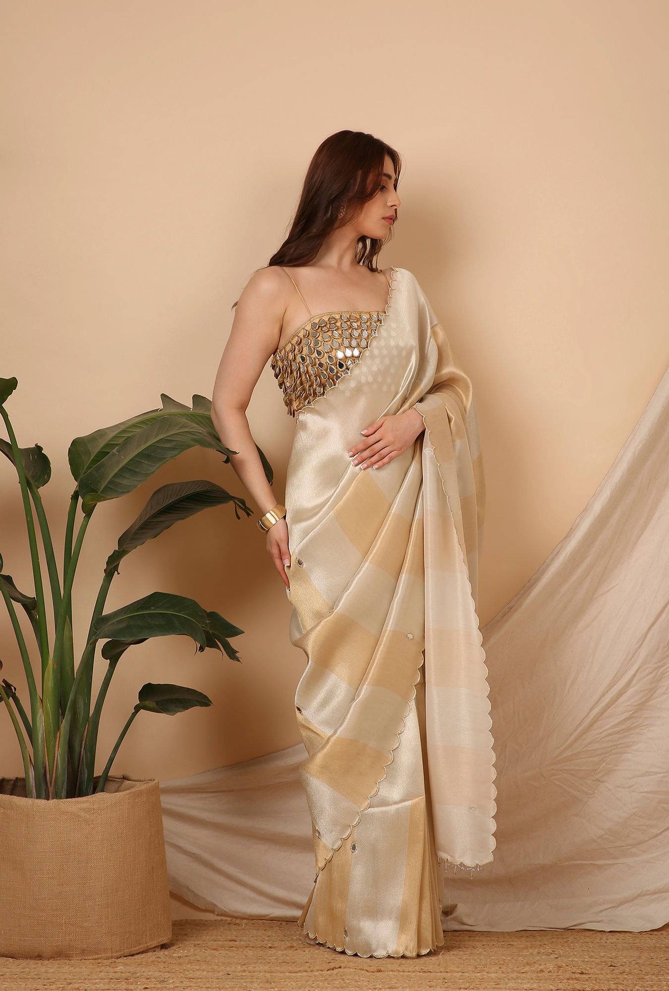 GOLD SILVER AIR INDIA STYLE CUT WORK BORDER  SIGNATURE SAREE
