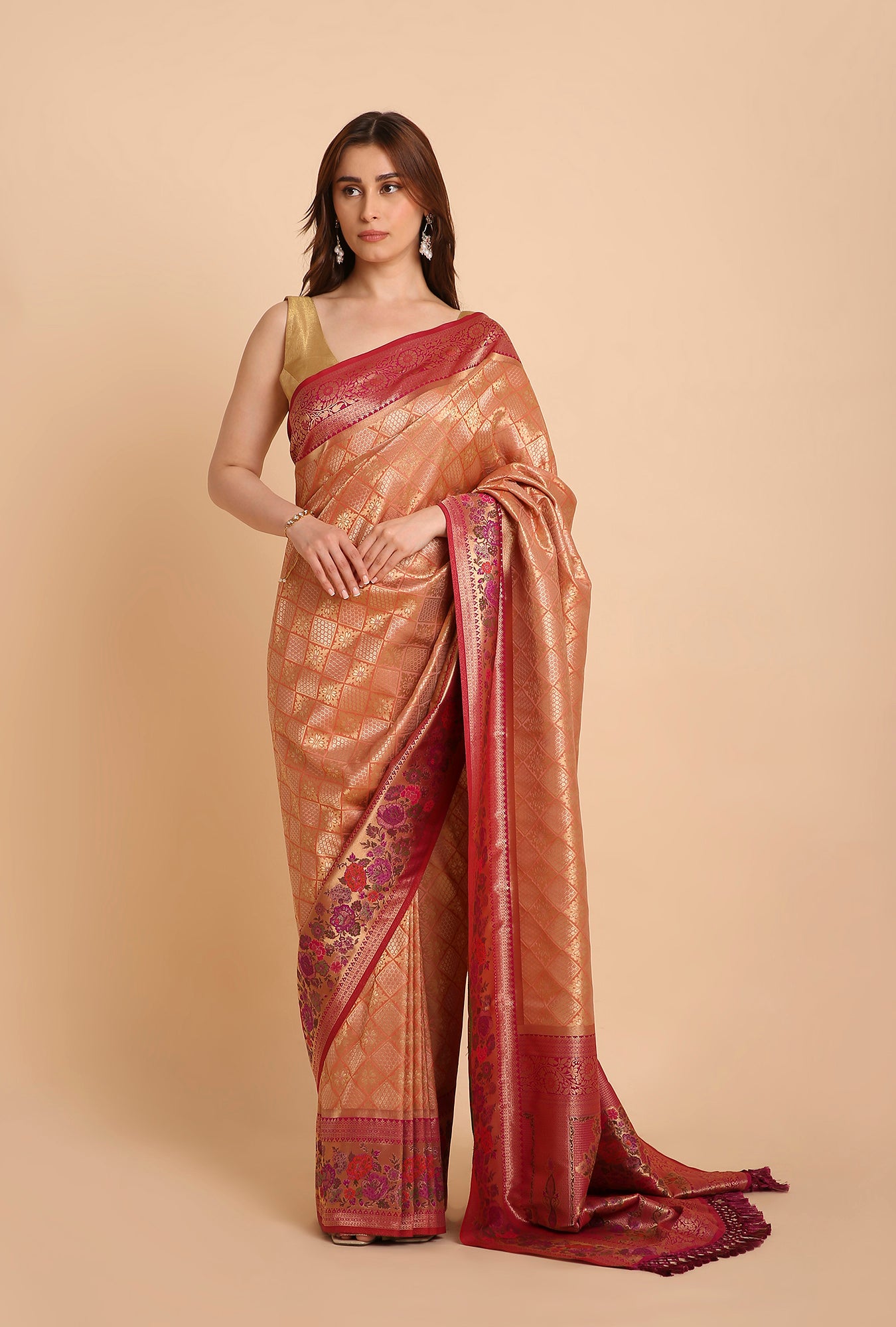 PARROT GREEN WITH PINK BORDER EMBRODERY HAND BRUSH SAREE