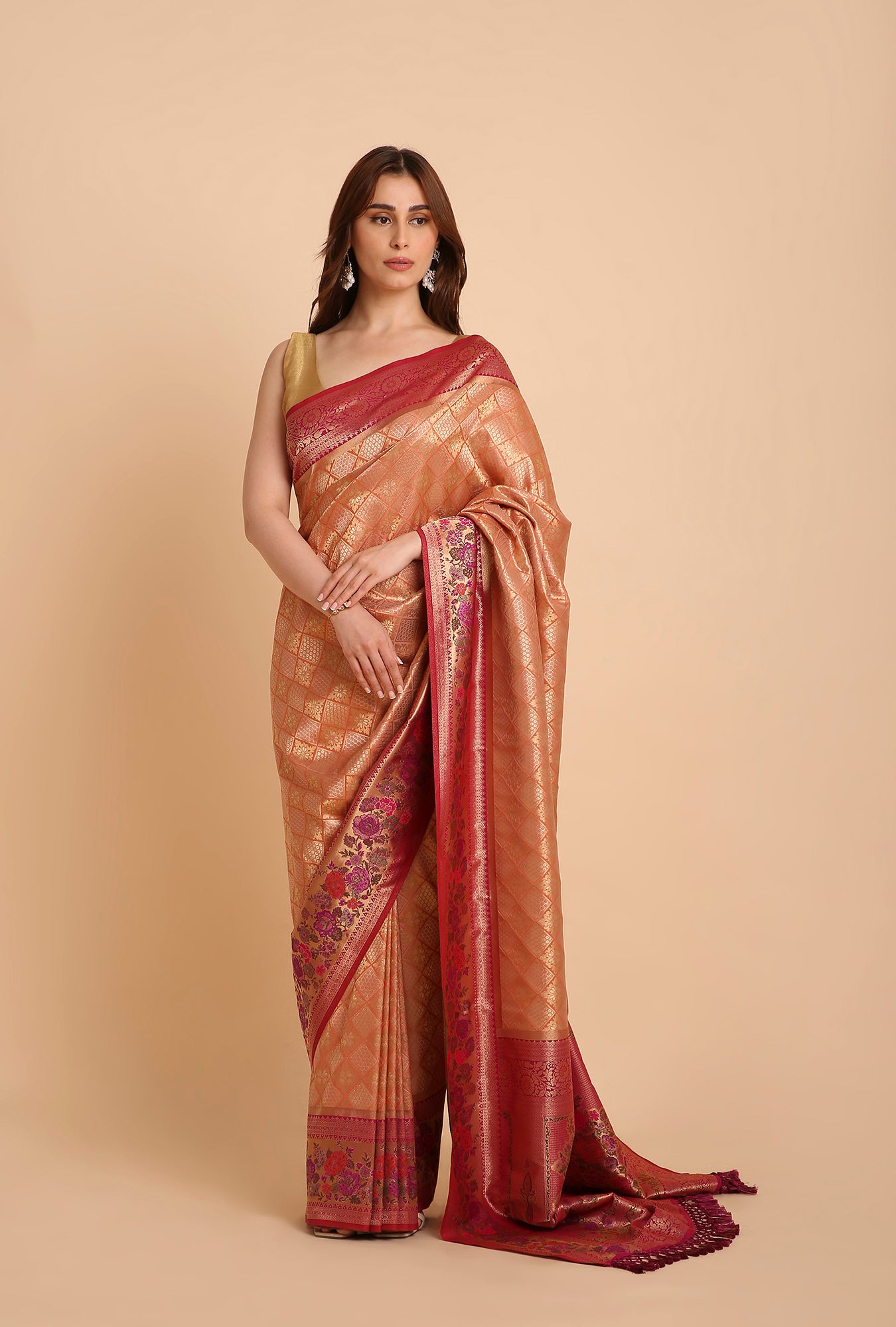 PARROT GREEN WITH PINK BORDER EMBRODERY HAND BRUSH SAREE