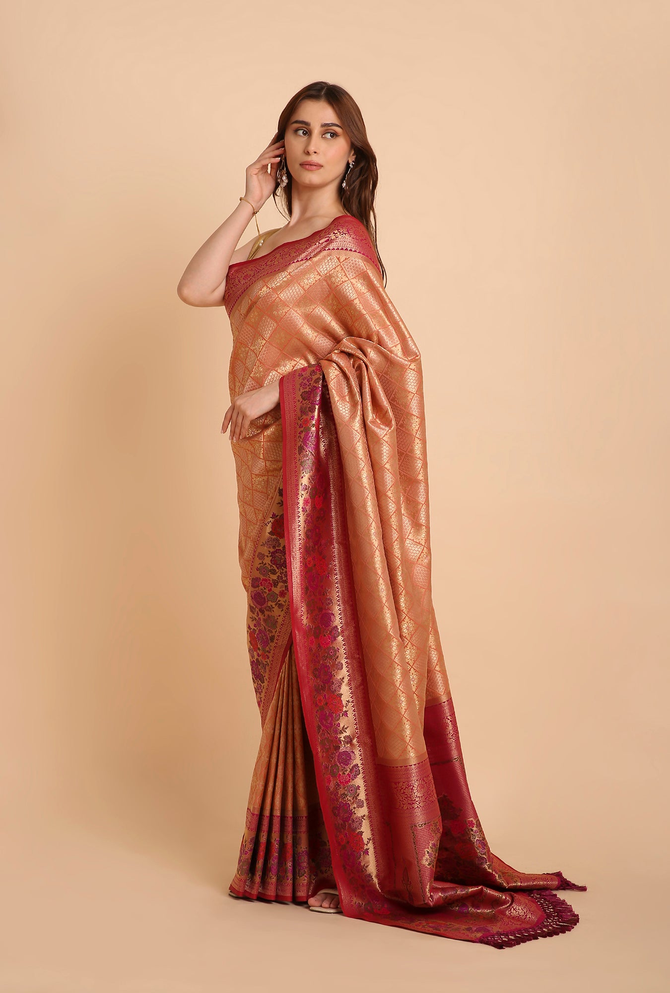 PARROT GREEN WITH PINK BORDER EMBRODERY HAND BRUSH SAREE