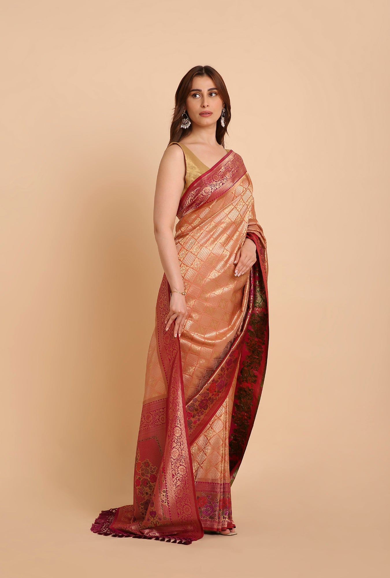 PARROT GREEN WITH PINK BORDER EMBRODERY HAND BRUSH SAREE