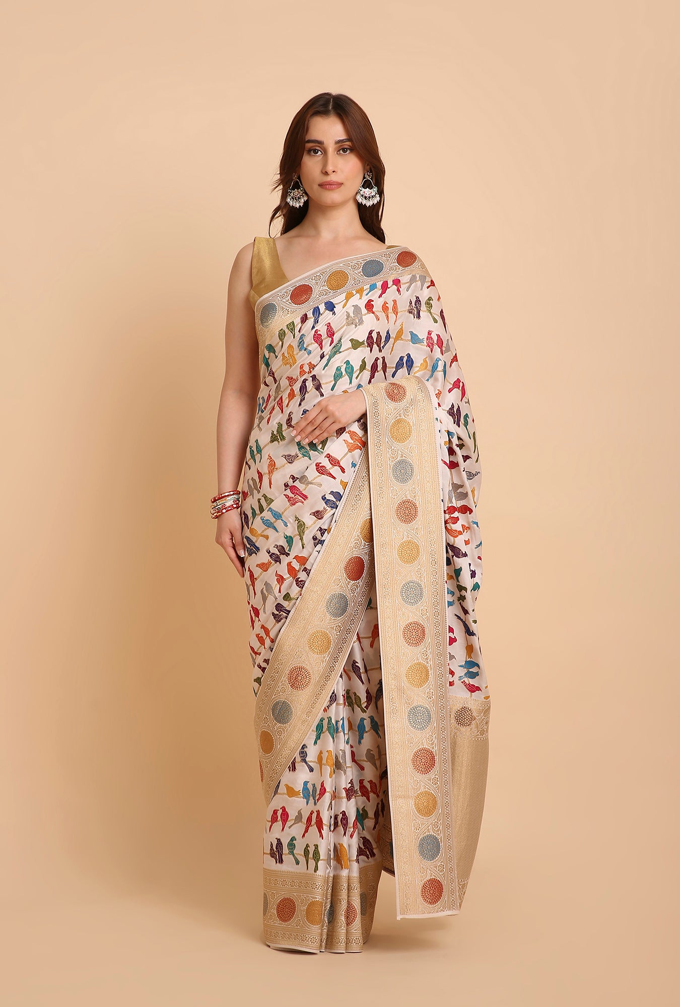 WHITE WITH COLOURFUL BIRDS MASHRU SILK  SAREE
