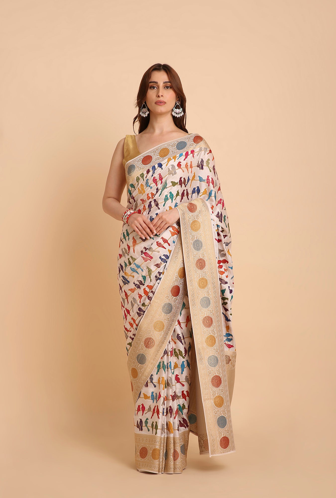 WHITE WITH COLOURFUL BIRDS MASHRU SILK  SAREE