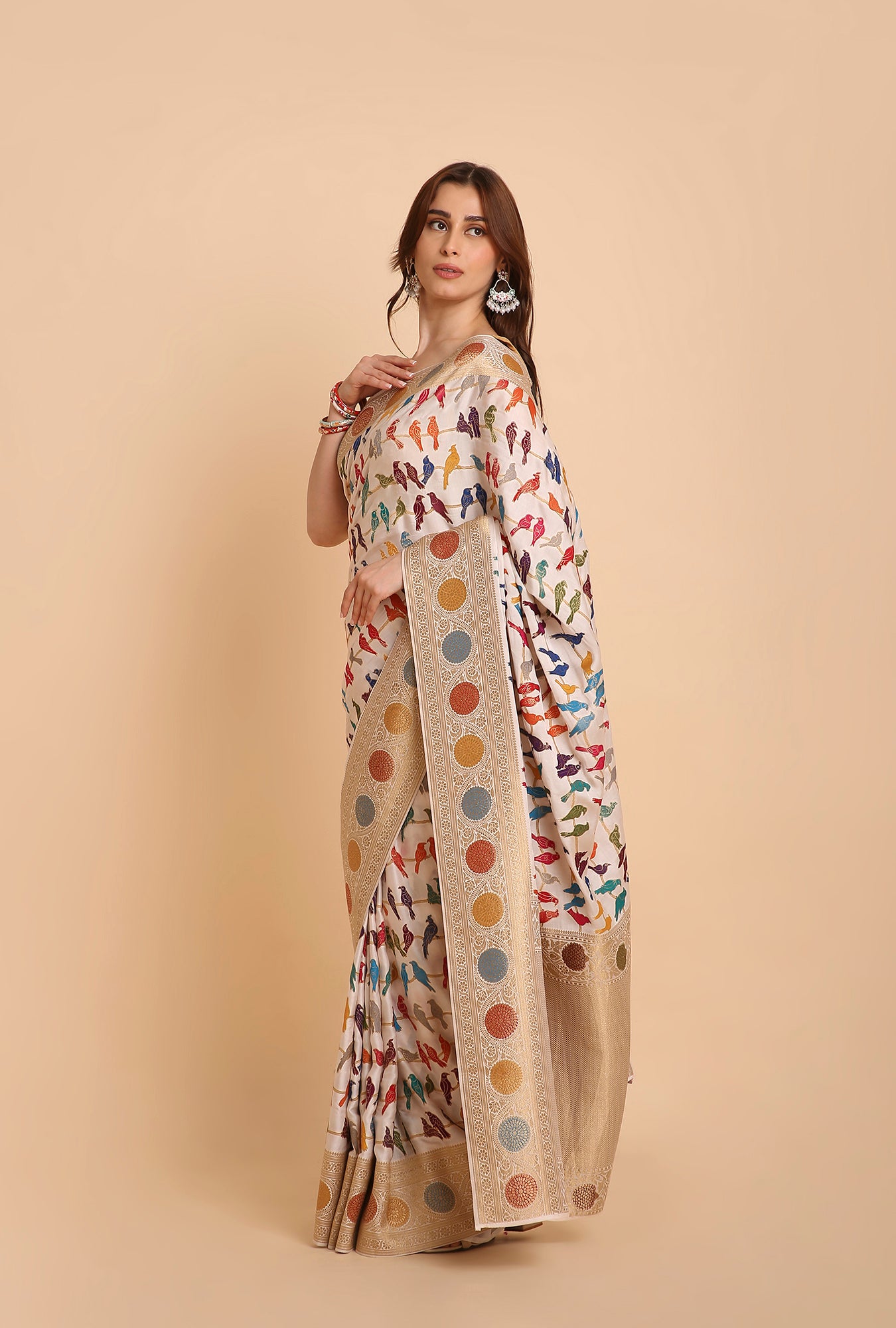 WHITE WITH COLOURFUL BIRDS MASHRU SILK  SAREE