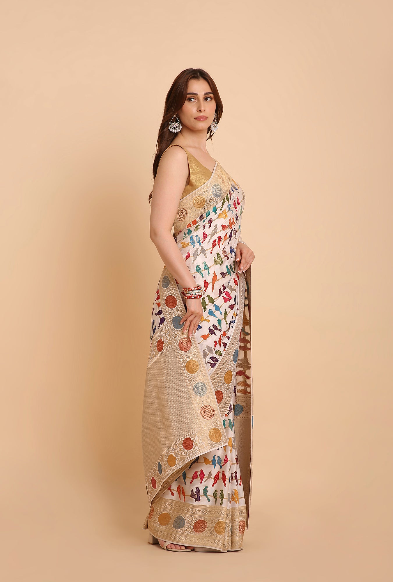 WHITE WITH COLOURFUL BIRDS MASHRU SILK  SAREE