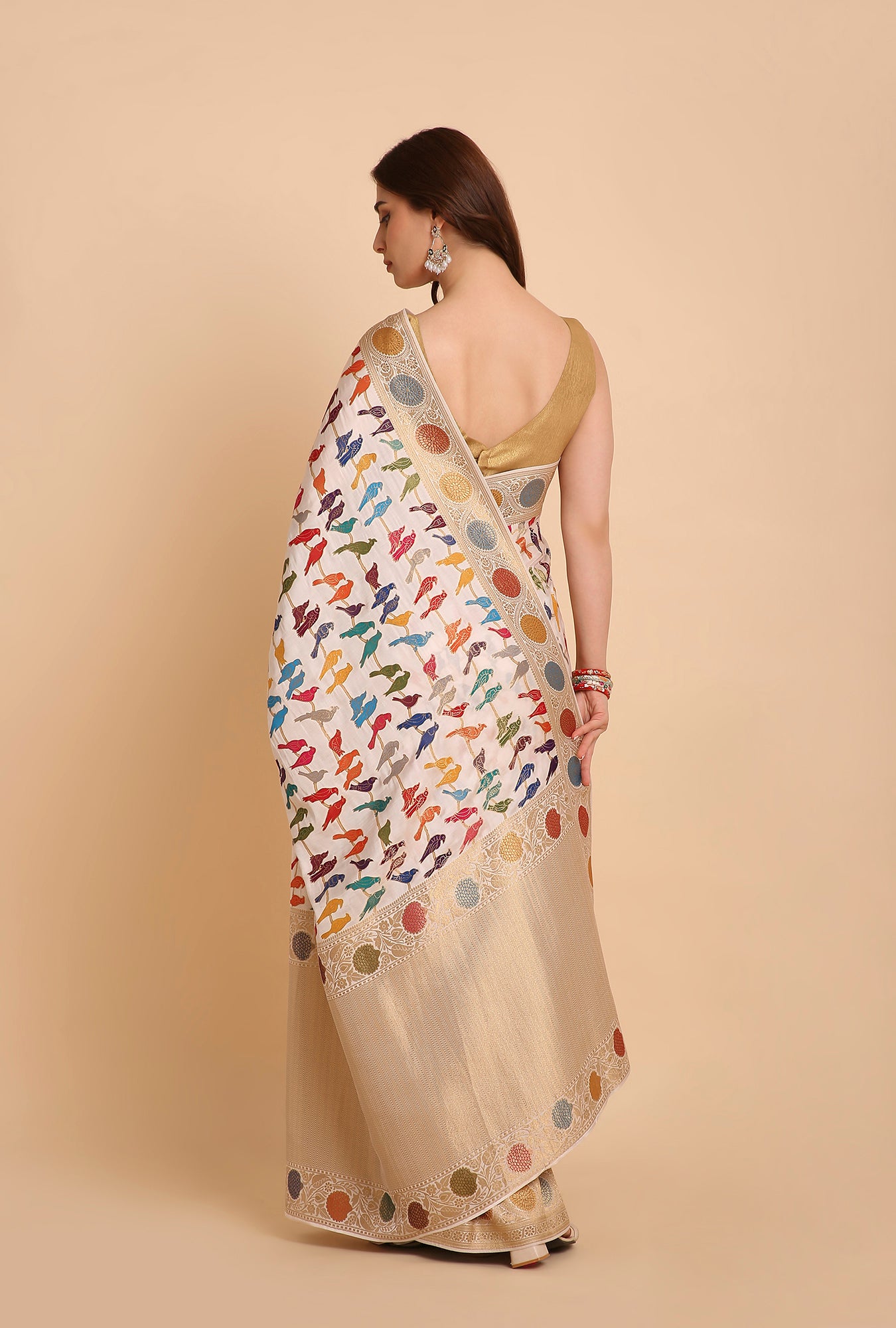 WHITE WITH COLOURFUL BIRDS MASHRU SILK  SAREE