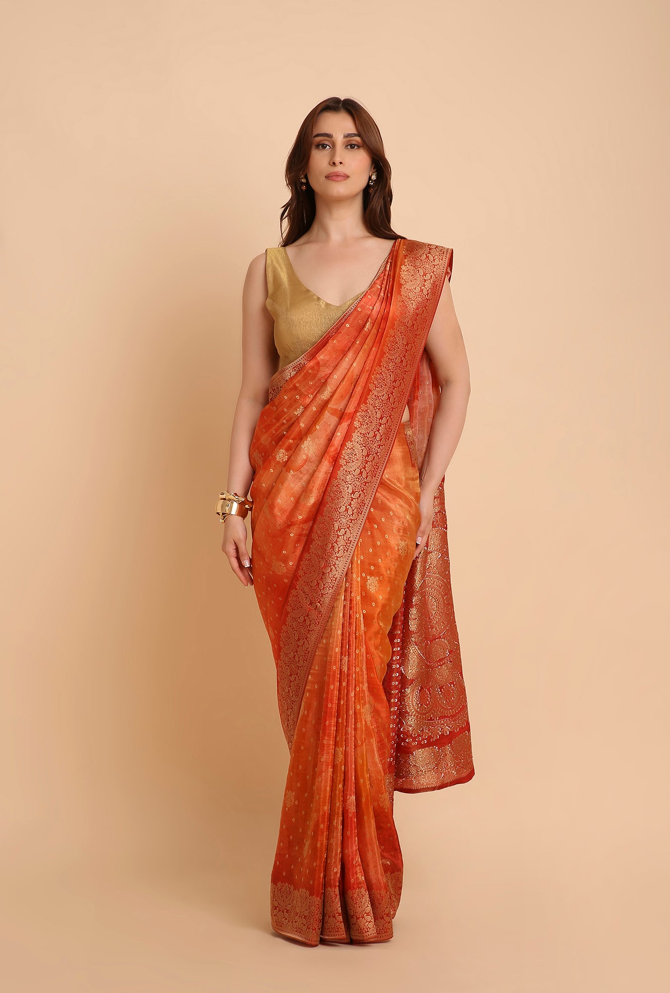 RUSTY ORANGE FANCY TISSU SAREE