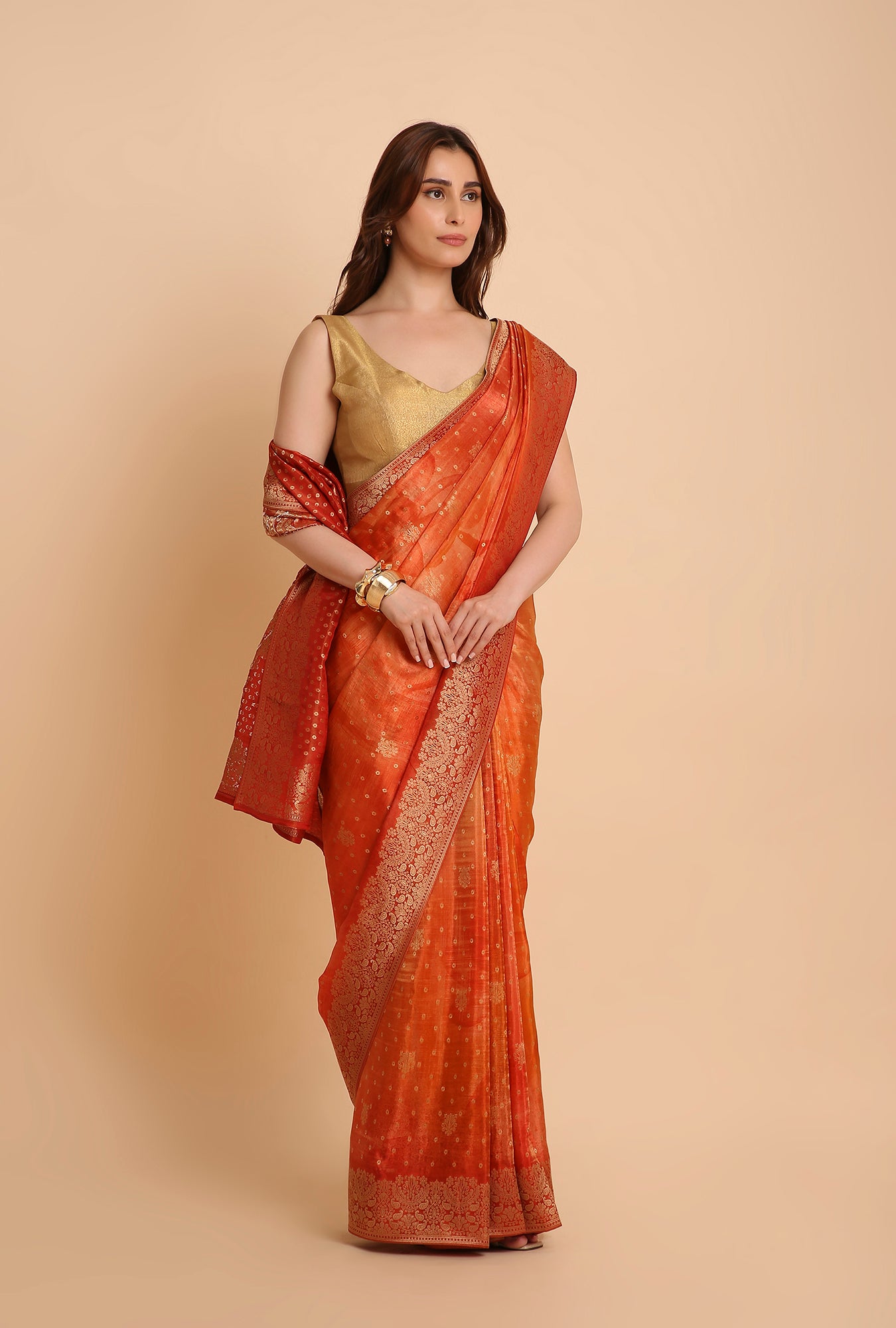 RUSTY ORANGE FANCY TISSU SAREE