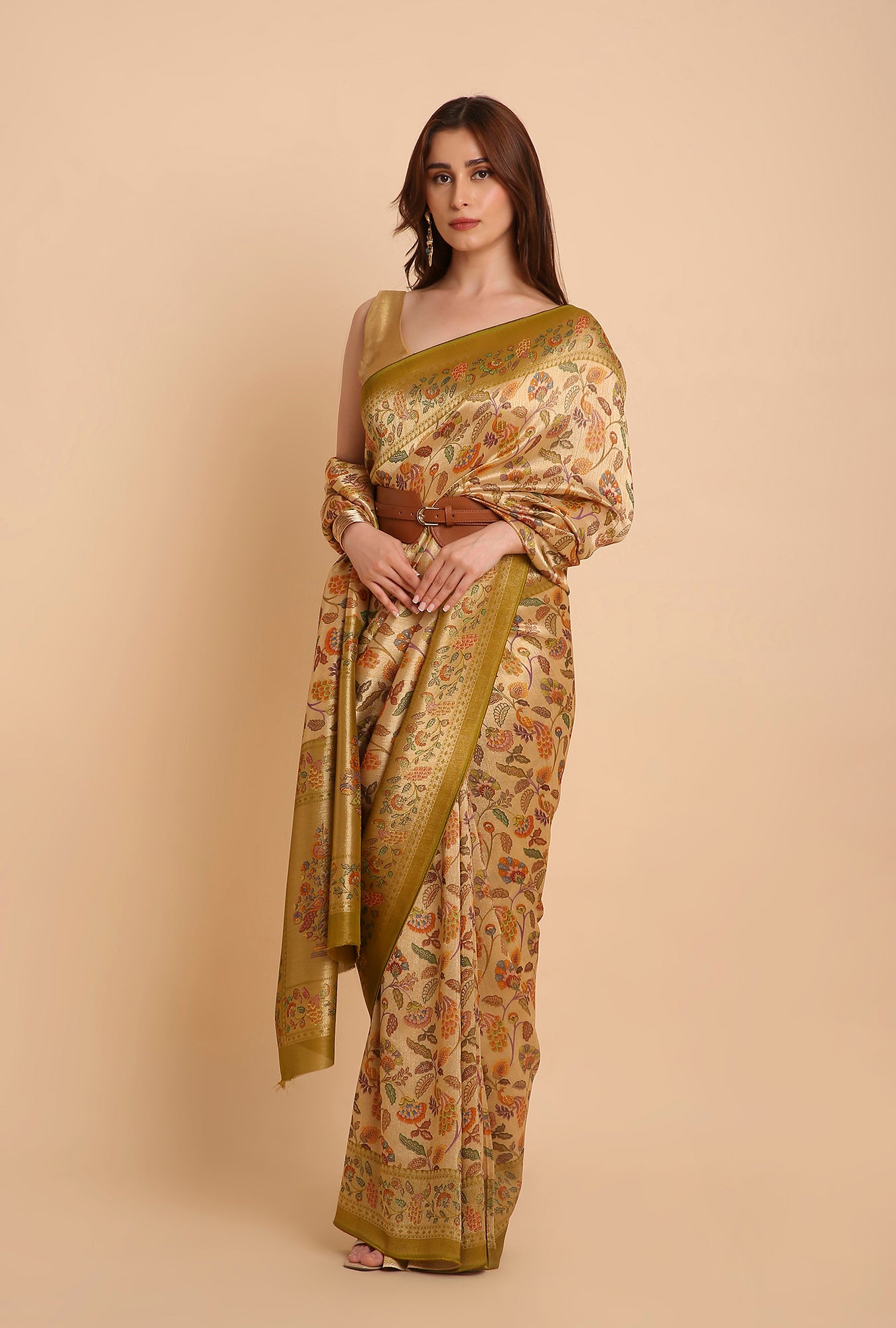 GOLDEN WITH MEHNDI BORDER FANCY RANKAT CRAPE SAREE