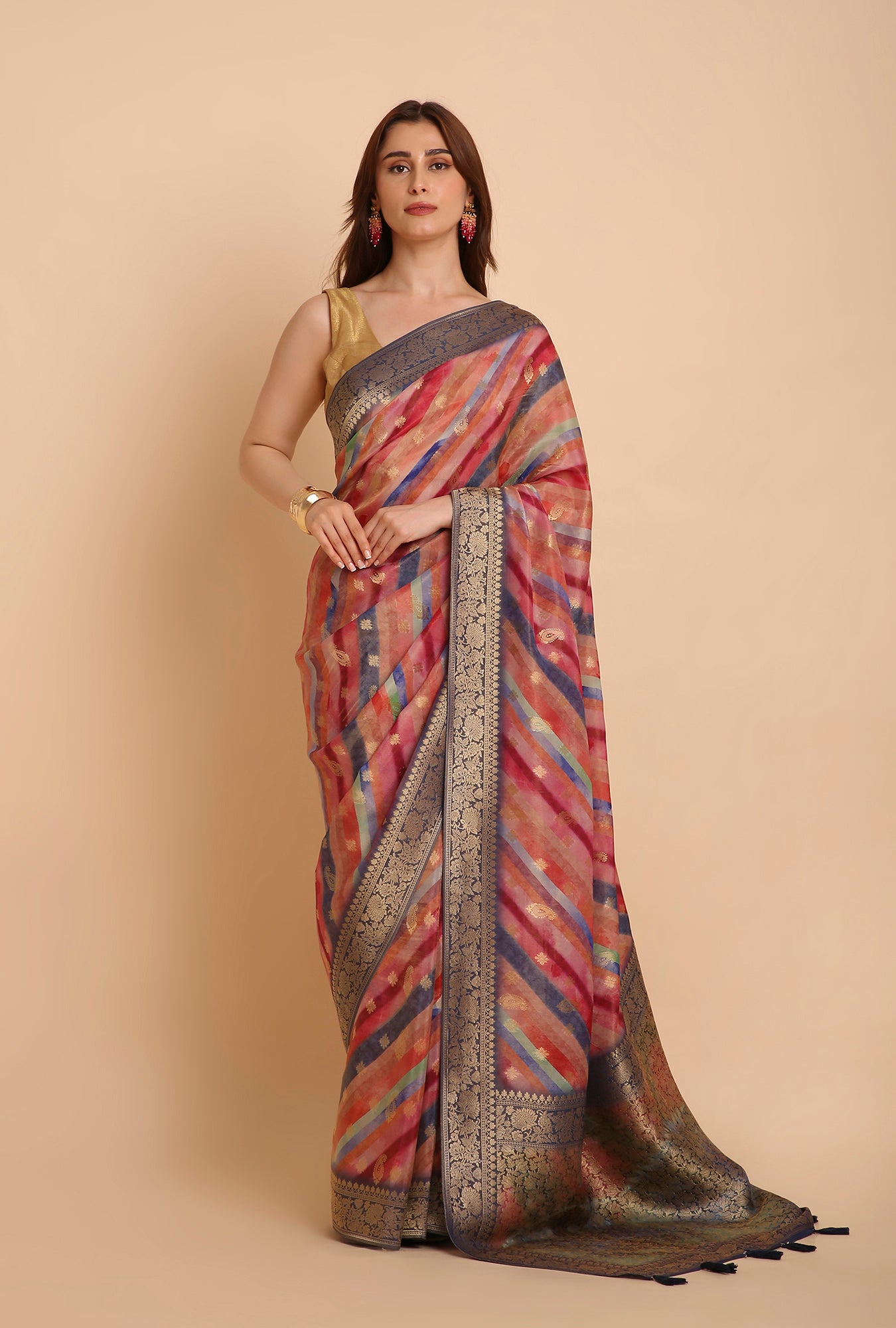 MULTI COLOUR LAHERIYA WITH BLUE BORDER FANCY TISSU SAREE