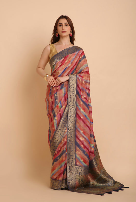 MULTI COLOUR LAHERIYA WITH BLUE BORDER FANCY TISSU SAREE