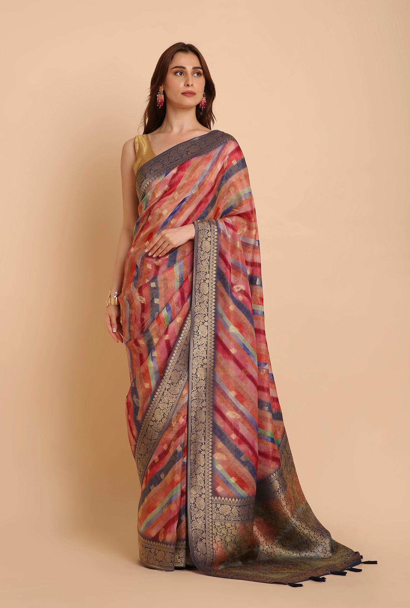 MULTI COLOUR LAHERIYA WITH BLUE BORDER FANCY TISSU SAREE