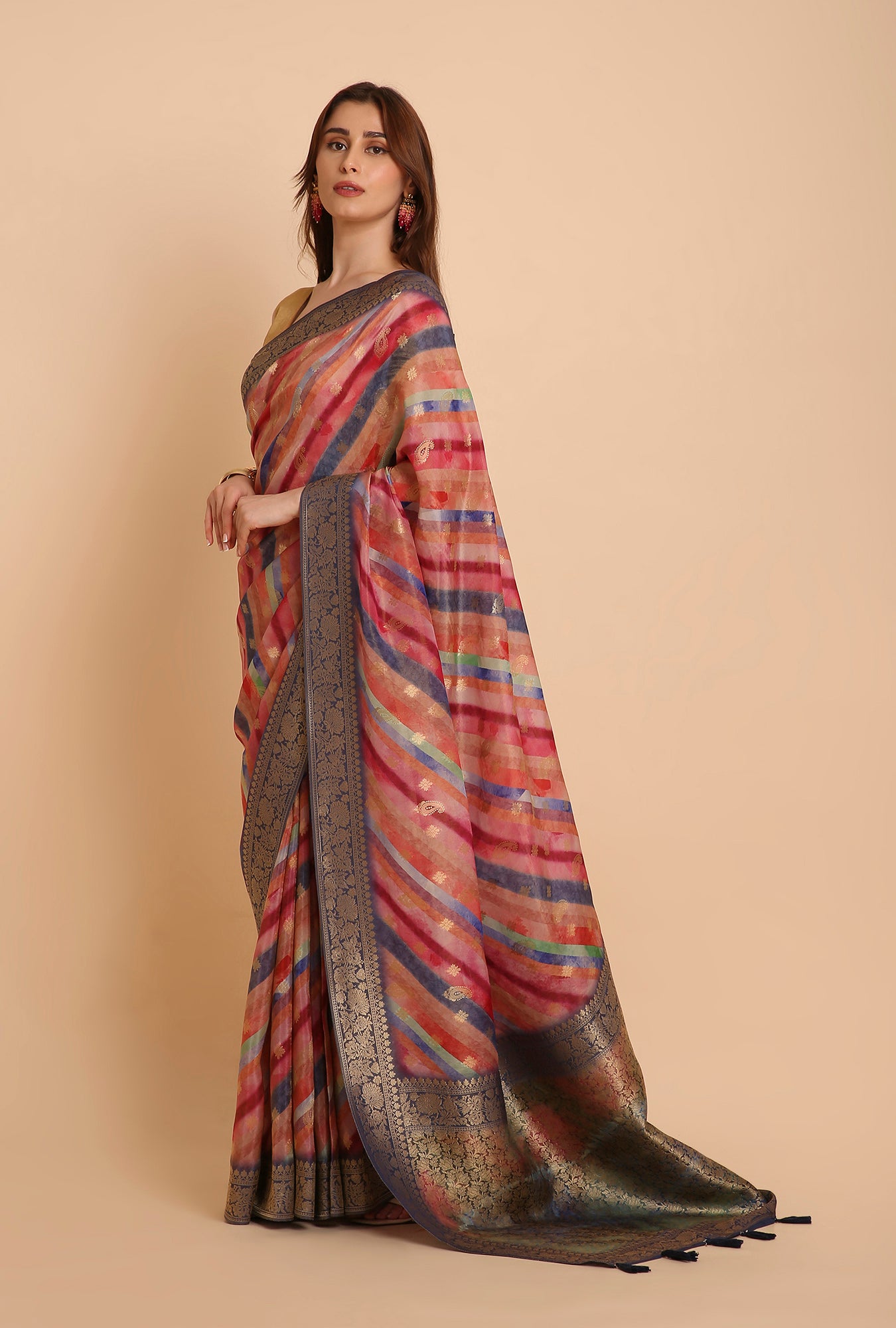 MULTI COLOUR LAHERIYA WITH BLUE BORDER FANCY TISSU SAREE