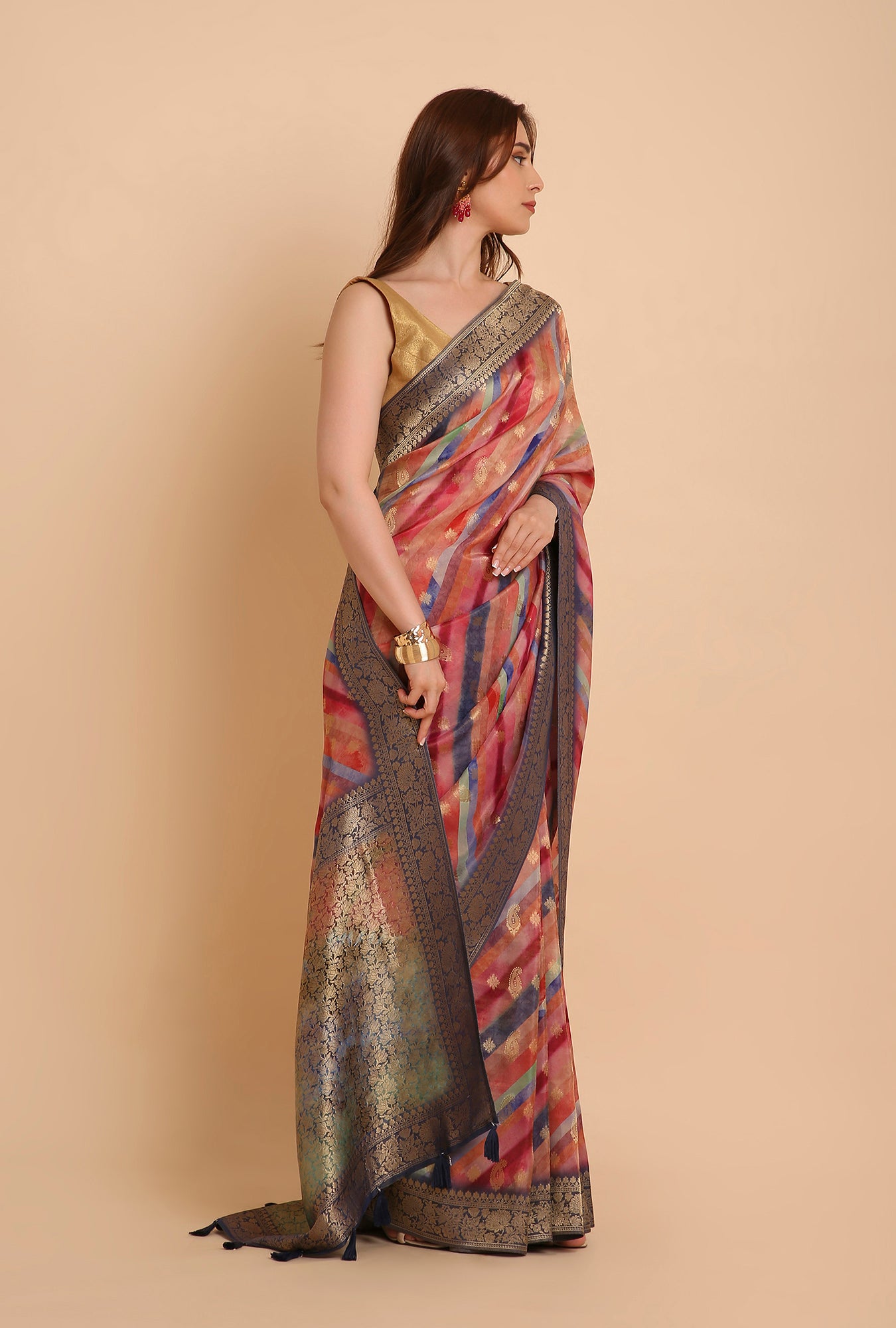 MULTI COLOUR LAHERIYA WITH BLUE BORDER FANCY TISSU SAREE